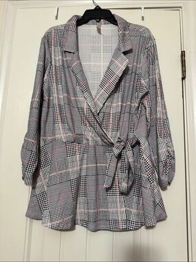 Women's Plaid Wrap Blouse with Tie - Pink/Black/White